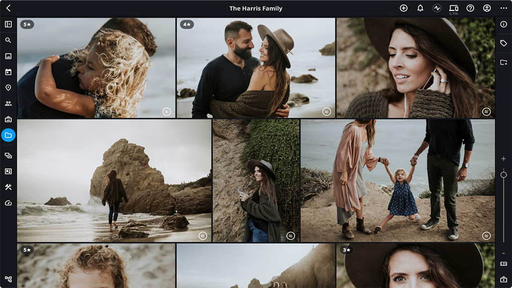 A photo collage of a family at the beach, featuring adults and a child. They are walking, embracing, and posing against a rocky beach backdrop.