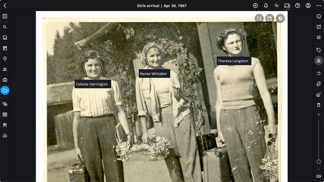 A vintage photo of three women standing outdoors, each holding a suitcase. They are labeled as Celeste Harrington, Renee Whitaker, and Theresa Langston.
