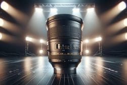 Camera lens on a reflective surface with stage lighting in the background.