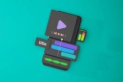 A stylized representation of a digital media interface with play button, progress bars, waveform, and title labels on a teal background.