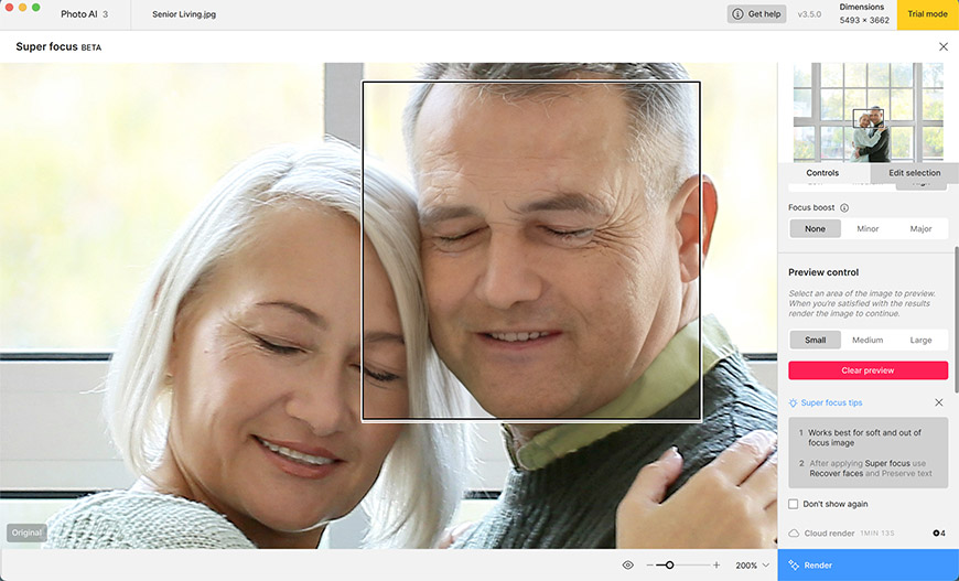A couple smiles at the camera while sitting on a couch. A software screen with photo editing options is overlaid on the image.