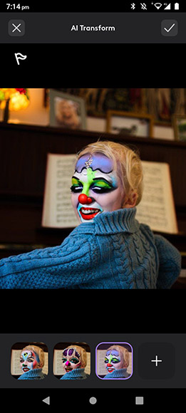 A person in a blue sweater with clown makeup on their face, sitting in front of a piano with sheet music.