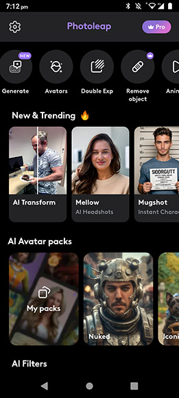Screenshot of the Photoleap app's main screen showing options including AI Transform, Mellow AI Headshots, and Mugshot Instant Characters. Features shown include Generate, Avatars, Double Exp, and more.