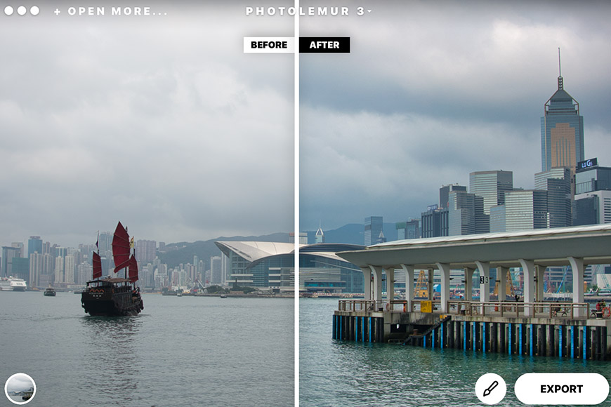 Side-by-side comparison of a photo before and after editing, showing enhanced color and clarity in a harbor scene with a traditional boat and city skyline.