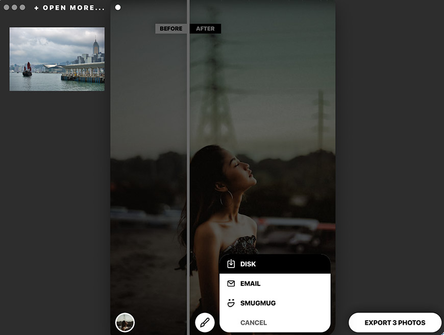 Image editing interface showing a before-and-after comparison. A woman looks upward on the right. Export options displayed: Disk, Email, SmugMug. A cityscape is in the top left thumbnail.