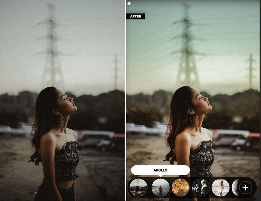 Side-by-side image comparison showing a woman looking up outdoors, with before and after filter effects applied.