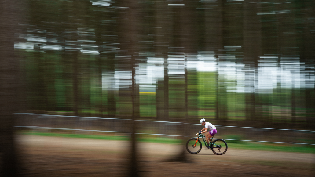 Blurred image of a cyclist in motion riding through a forest trail, surrounded by tall trees.