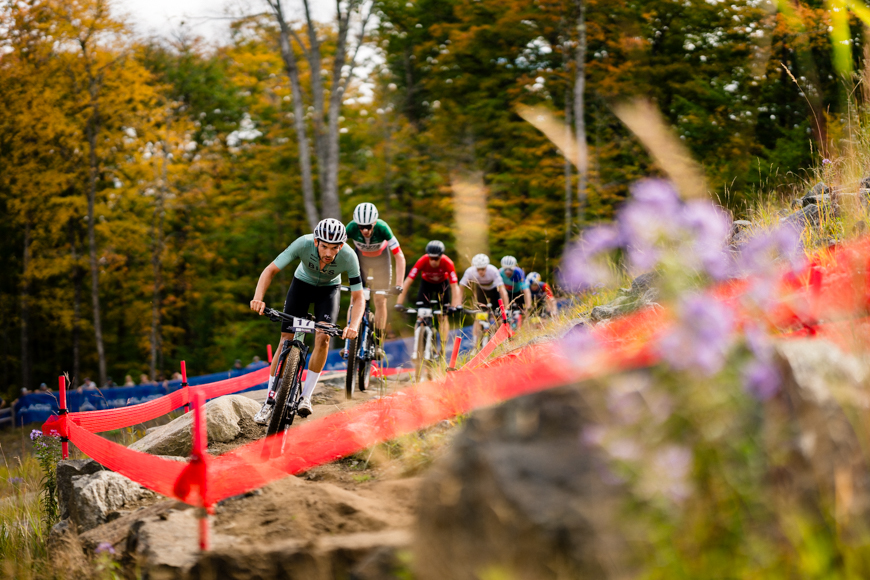 Cyclists navigate a rocky trail surrounded by autumn trees during a race, with a red barrier and purple flowers visible in the foreground.