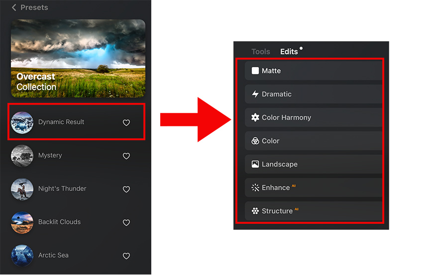 Mobile photo editing app showing a preset selection on the left and a list of editing tools on the right, including options like Matte, Dramatic, and Color Harmony.