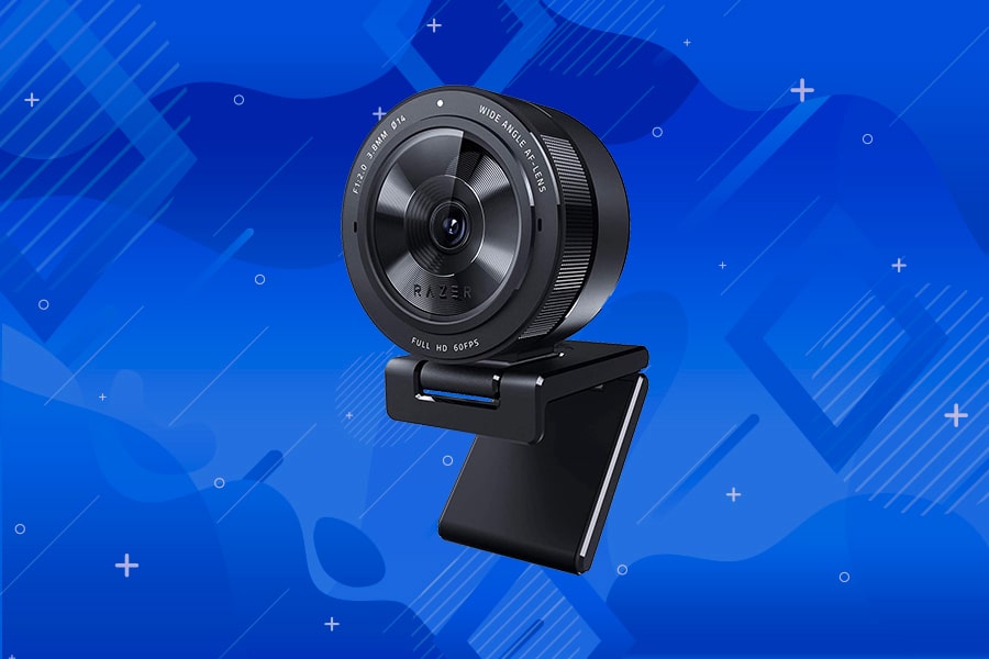 A black webcam with an attached base is set against a blue background with abstract patterns.