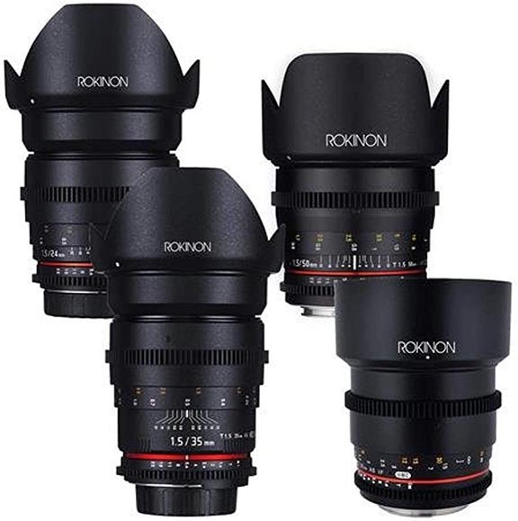 Four Rokinon camera lenses are displayed, each with different specifications. The lenses have a black finish and include red and white marker rings indicating aperture settings.