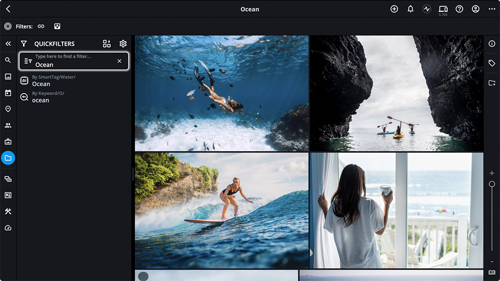 A computer interface displays a photo management software with four ocean-themed images: a diver, kayakers, a surfer, and a woman holding a cup by a window.