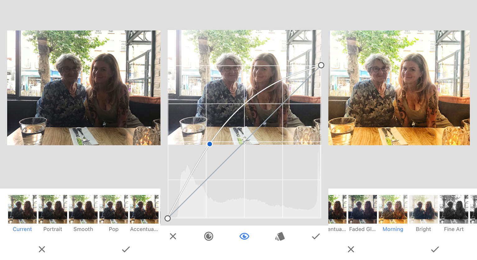 Two people sit at a table in a restaurant. The middle image shows an editing interface adjusting brightness and contrast. The left and right images depict 'before' and 'after' versions with different filters.