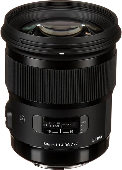 A Sigma 50mm f/1.4 DG HSM Art lens, featuring a black exterior, a focus ring, and distance scale window.
