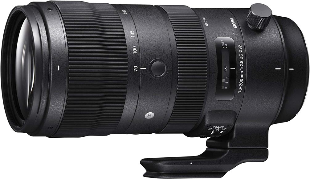 A black Sigma 70-200mm f/2.8 DG OS HSM Sports telephoto zoom lens with a tripod collar mount, displaying various focus and zoom adjustment rings.