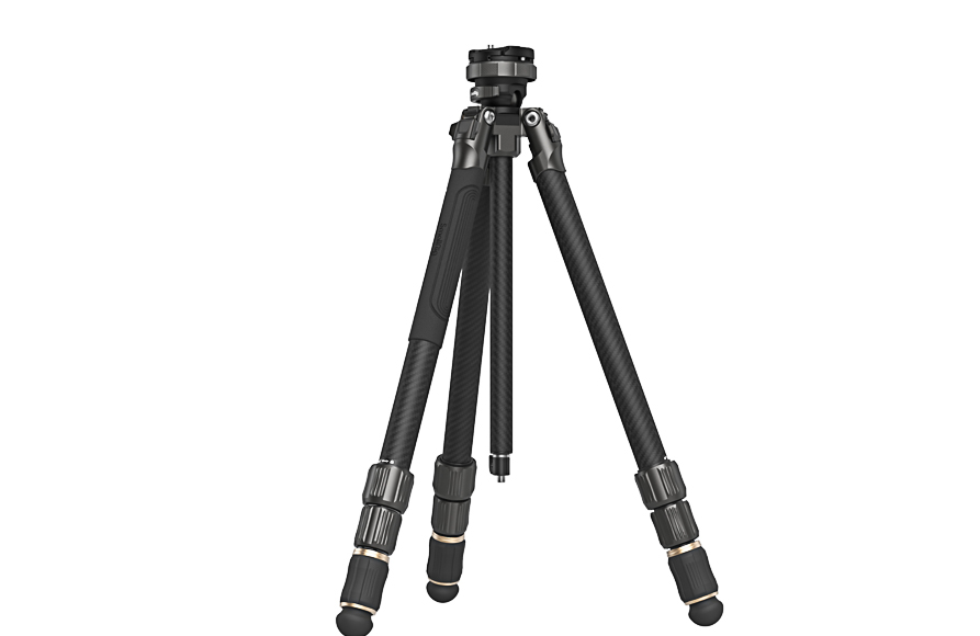 A black tripod with three extendable legs and a mounting platform, standing upright.