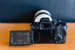 A digital camera with a large lens is on a wooden surface. The screen is flipped out, displaying various camera settings.