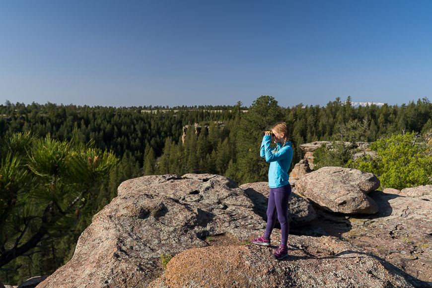 Person in a blue jacket and purple pants looking through binoculars on a rocky cliff, overlooking a forest under a clear blue sky.