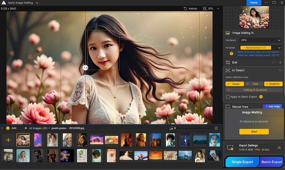 A digital image editing software interface displays a photo of a woman in a floral field, with editing tools on the right and a filmstrip of images at the bottom.