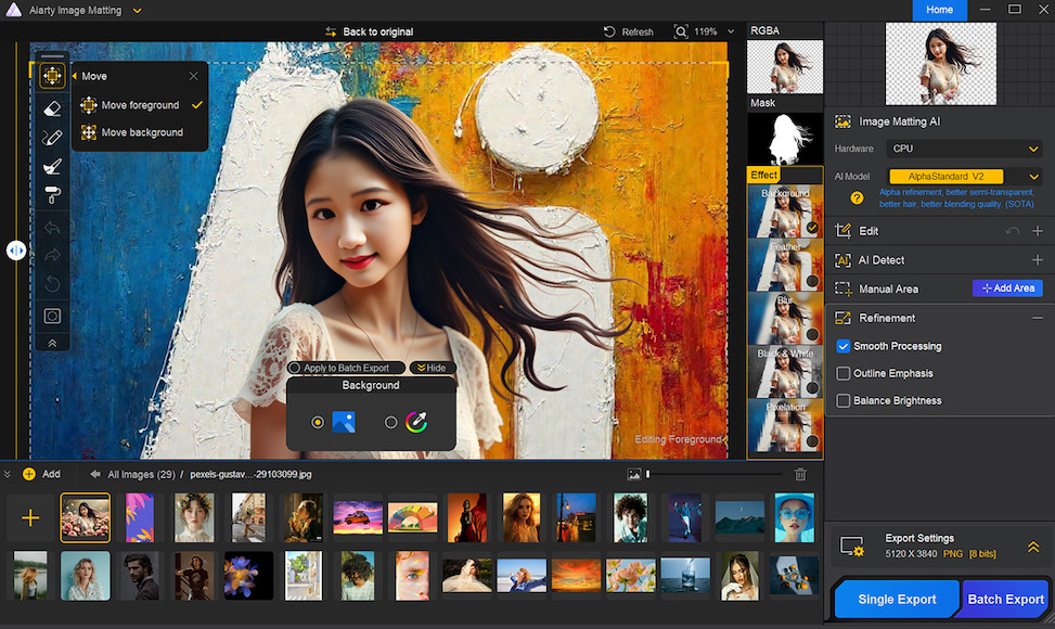 Image editing software interface showing a woman against a colorful background with editing tools and options on the right.