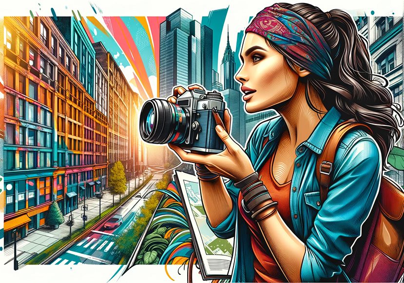 Illustration of a woman taking photographs in a vibrant urban setting. Illustration of a woman taking photographs in a vibrant urban setting.