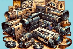 A drawing of a bunch of old video cameras.