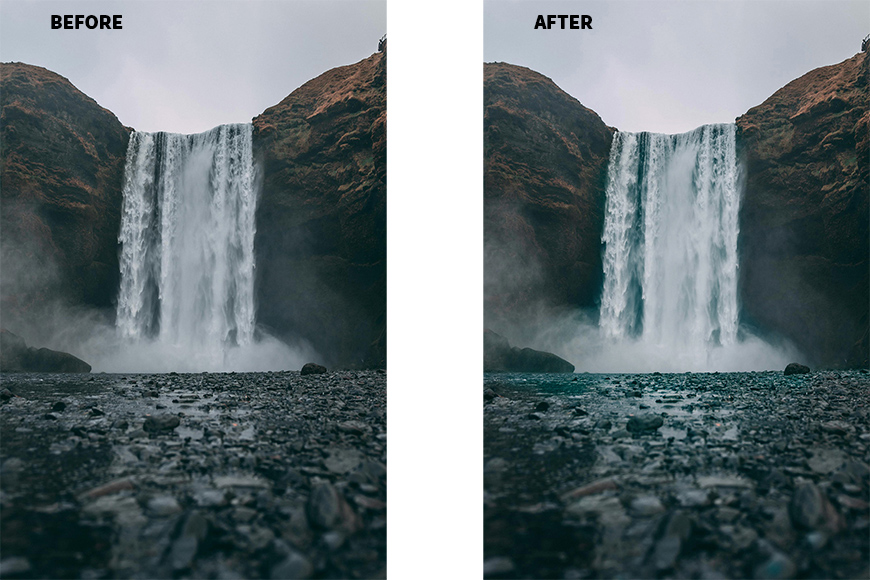 Side-by-side comparison of a waterfall labeled "Before" and "After," showing enhanced clarity and color in the "After" image.