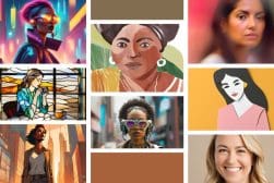A collage of diverse artistic portraits in various styles, with some abstract images and two solid brown color blocks.