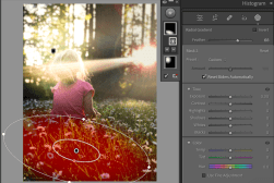 A photo editing interface showing a child in a field with sunlight streaming through trees. Editing tools and sliders are visible on the right side of the screen.