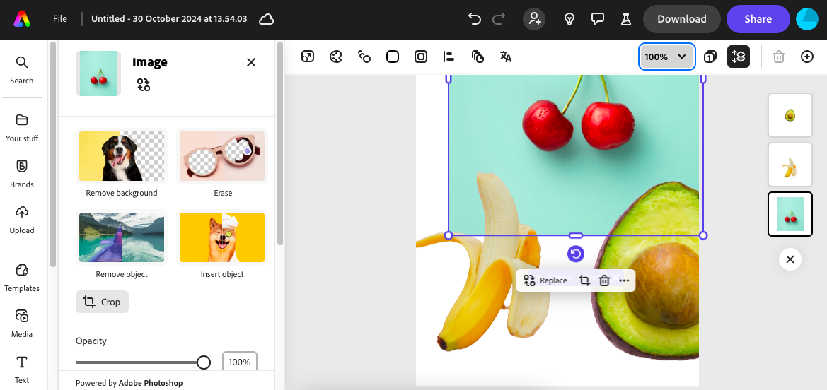 Image editing software interface showing cherries, banana peel, and half an avocado on a teal background. Editing options are visible on the sidebar.