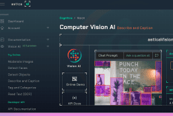 Screenshot of a computer vision AI software interface showing menu options and a chat prompt beside an abstract art image and text reading "PUNCH TODAY IN THE FACE.