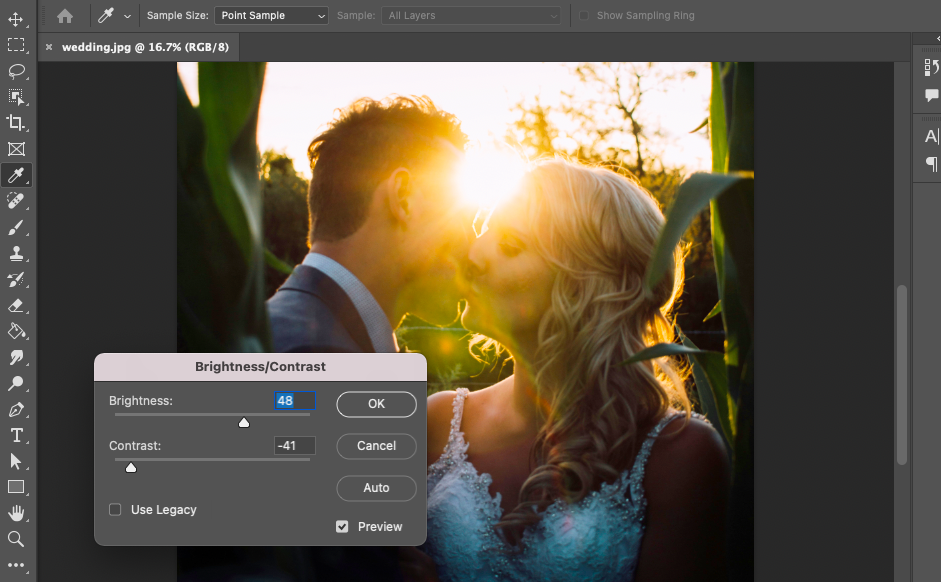 A photo editing software interface showing a romantic image of a couple kissing, with a Brightness/Contrast adjustment dialog box open in the foreground.