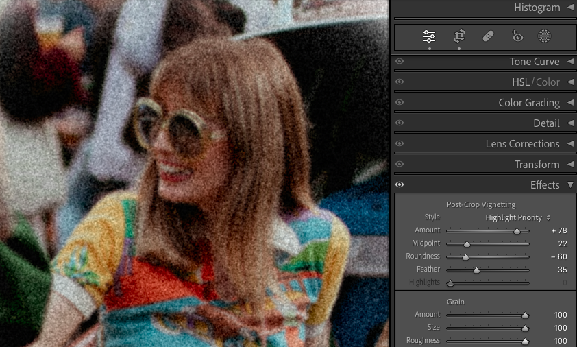 A photo of a person in colorful clothing and sunglasses with an editing menu overlay on the right side displaying various adjustment settings.