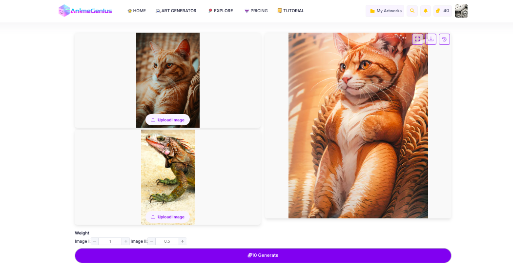 Website interface showing a collage of three images: a cat, a lizard, and an artistic portrait of a cat. Options for image upload and weight settings are visible.