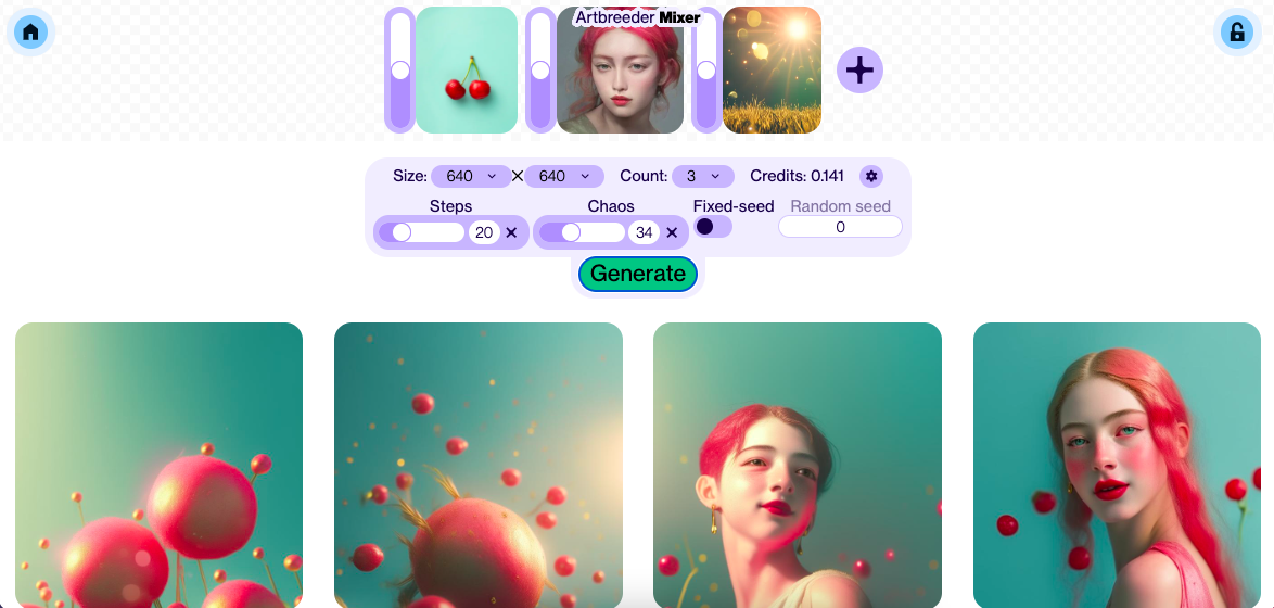 Screenshot of an art generator interface displaying settings for image size, steps, chaos, and seed. Four generated images featuring abstract designs and a person with red hair are shown below.
