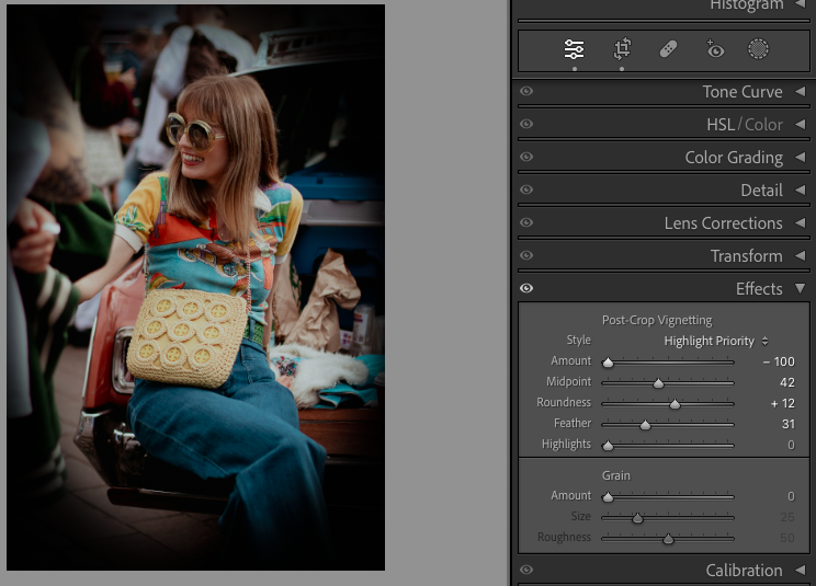 A woman wearing sunglasses and a colorful top sits on a bench, holding a crochet bag. Editing tools are shown on the right side of the image.