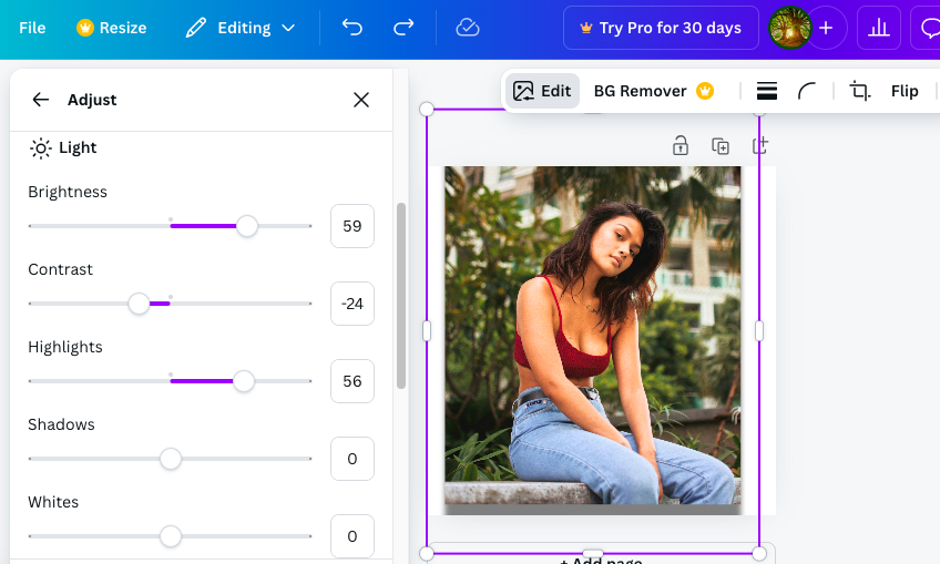 A photo of a woman in a red top and jeans being edited in a photo editing software. The adjustment panel on the left side shows controls for brightness, contrast, highlights, and shadows.