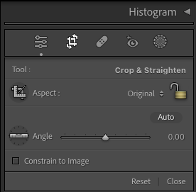 Image depicting editing options in a photo editing software, focusing on tools for cropping and straightening with aspect ratio settings and angle adjustments.