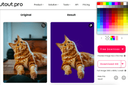 Screenshot from the Cutout.pro website showing a cat's image being edited. The original image is on the left, and the edited image with a purple background is on the right.