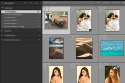 A computer screen displaying a photo management software interface with a variety of images, including a motorbike, a couple, landscapes, and a portrait of a woman.