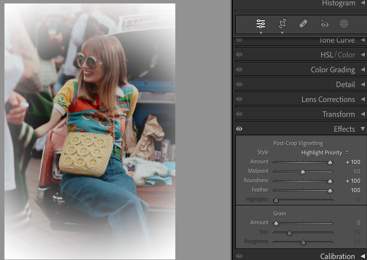 A woman wearing sunglasses and a colorful shirt sits and smiles, holding a crochet bag with circular patterns. The image features photo editing software adjustments on the right side.