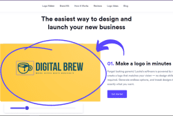 Screenshot of a website showing a logo design service. A sample logo for "Digital Brew" with a coffee cup icon is highlighted. Text reads, "Make a logo in minutes" with an option to "Get started".