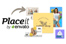 A promotional collage featuring a Placeit by Envato logo and various template designs including a coffee shop, apparel, and business card mockups.