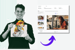 Young man holding a tablet displaying abstract art with flowers and butterflies, beside a screenshot of a social media interface.