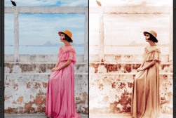 A woman in a pink dress and brown hat stands by a weathered concrete wall near the sea. The image is split into two parts: the left half in color, and the right half with a sepia filter effect.