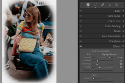 A person wearing sunglasses and colorful clothing sits on a bench. A graphical interface with image editing sliders is visible to the right.