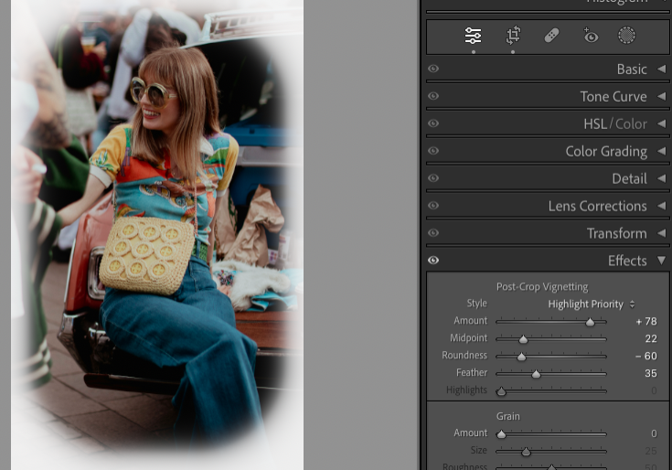 A person wearing sunglasses and colorful clothing sits on a bench. A graphical interface with image editing sliders is visible to the right. A person wearing sunglasses and colorful clothing sits on a bench. A graphical interface with image editing sliders is visible to the right.