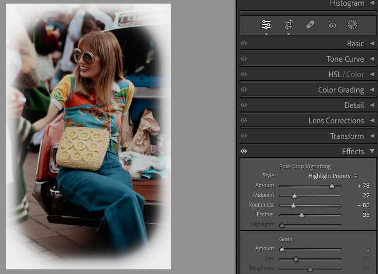 A person wearing sunglasses and colorful clothing sits on a bench. A graphical interface with image editing sliders is visible to the right.