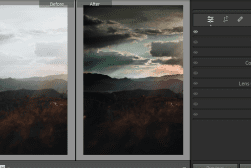 Before and after comparison of an edited landscape photo, showing changes in color, contrast, and clarity using photo editing software. Editing tools and histogram are visible on the right.