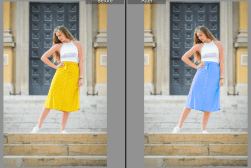 A woman stands on steps in front of a building, wearing a white top and a yellow skirt in the left image and a white top and a blue skirt in the right image. Both images are labeled "Before" and "After.